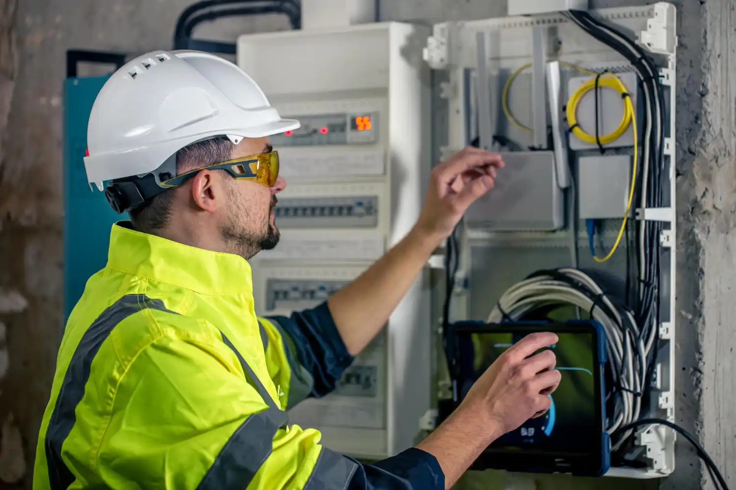 Técnico brindando soporte técnico en central de control eléctrico